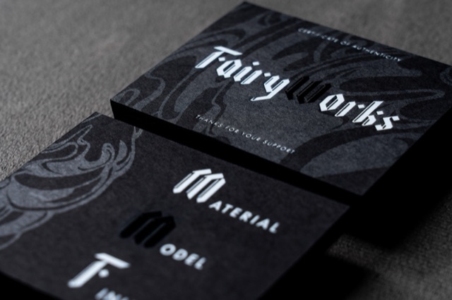 Black cards combining large dark ornamental graphics with bold pale type.