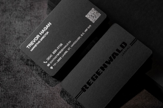 Charcoal cards combining dark large lettering with smaller pale contact text.