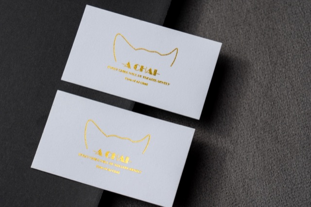 Pale cards bearing a reflective gold cat-shaped outline.