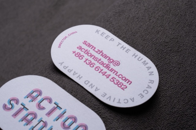 White oval cards with multicoloured display typography and pink lettering.